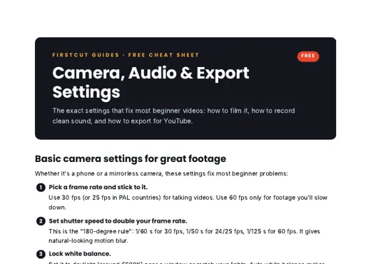 Camera, Audio and Export Settings cheat sheet